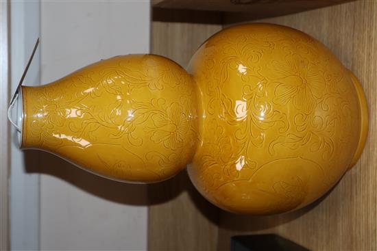 Three Chinese yellow ground vases Tallest 35cm
